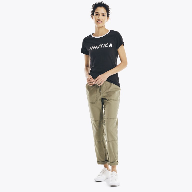 Black Women's Nautica Metallic Foil Logo Graphic T Shirts | 9jkBXEWC