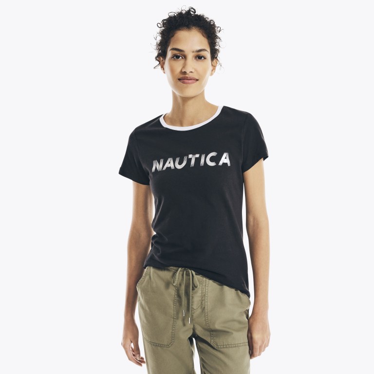 Black Women\'s Nautica Metallic Foil Logo Graphic T Shirts | 9jkBXEWC