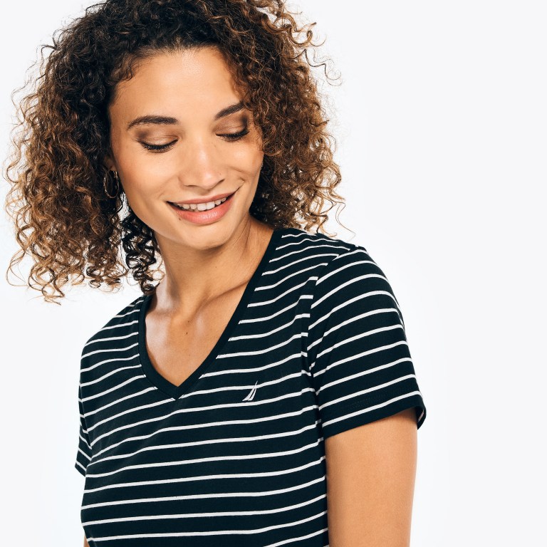 Black Women's Nautica Striped V-neck T Shirts | hU7w8qQz