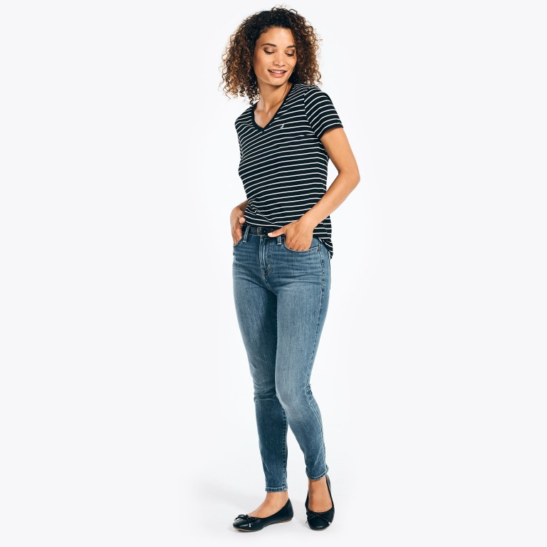 Black Women's Nautica Striped V-neck T Shirts | hU7w8qQz