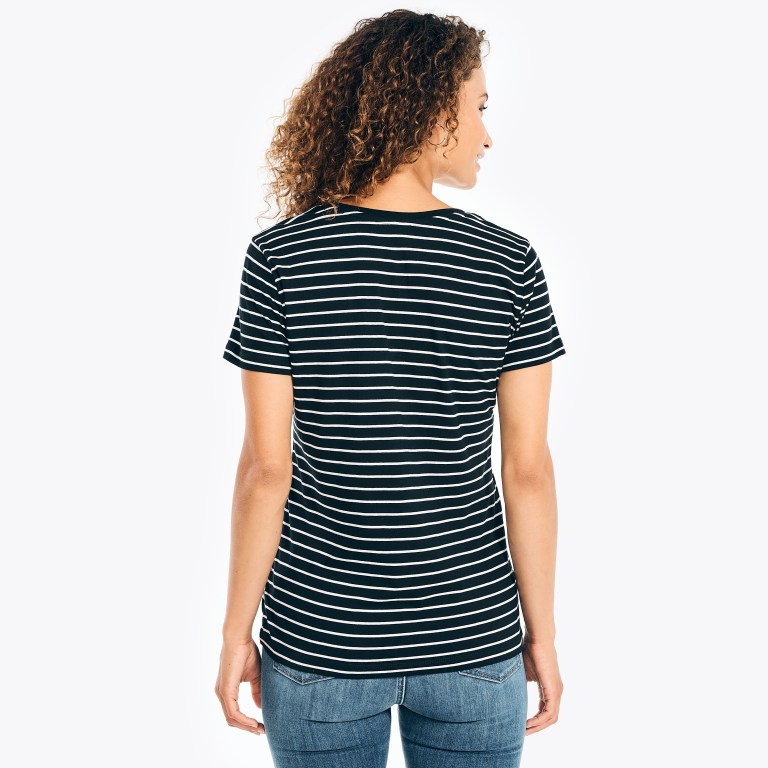 Black Women's Nautica Striped V-neck T Shirts | hU7w8qQz