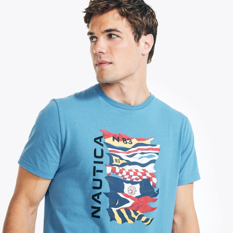 Blue Men's Nautica Sustainably Crafted Nautica Flags Graphic T Shirts | F0NLtU88
