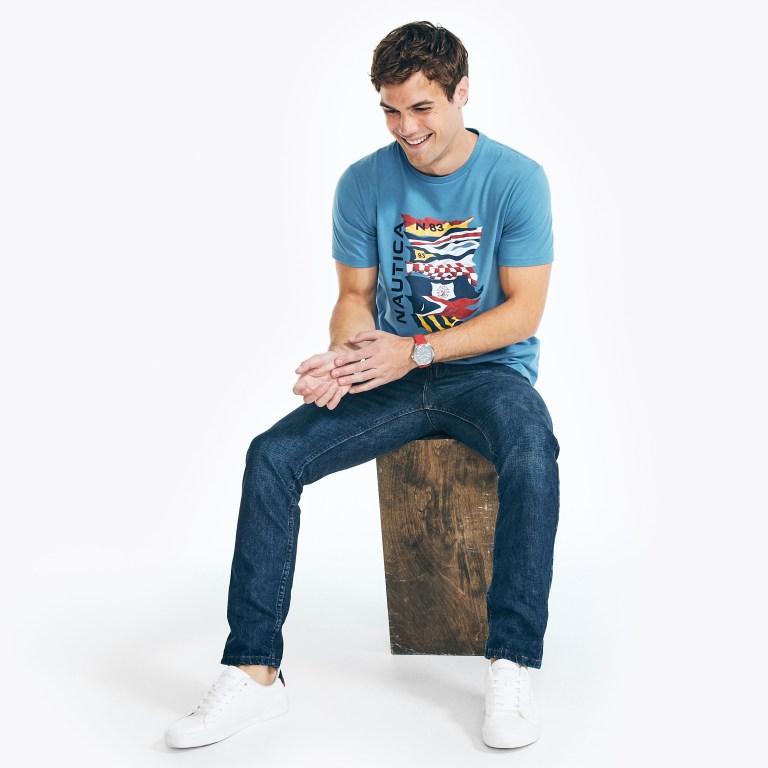 Blue Men's Nautica Sustainably Crafted Nautica Flags Graphic T Shirts | F0NLtU88