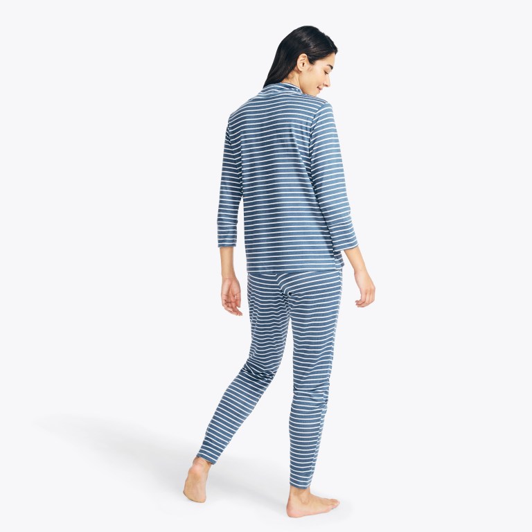 Blue Women's Nautica Quarter-sleeve Striped Jogger Sleep Set Sleepwear | 5uGTnGbl