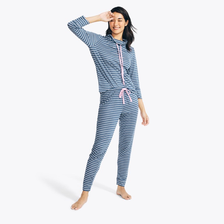 Blue Women\'s Nautica Quarter-sleeve Striped Jogger Sleep Set Sleepwear | 5uGTnGbl
