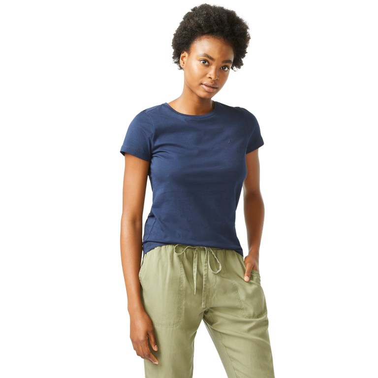 Blue Women\'s Nautica Solid Crewneck T Shirts | qvqvfN5Z