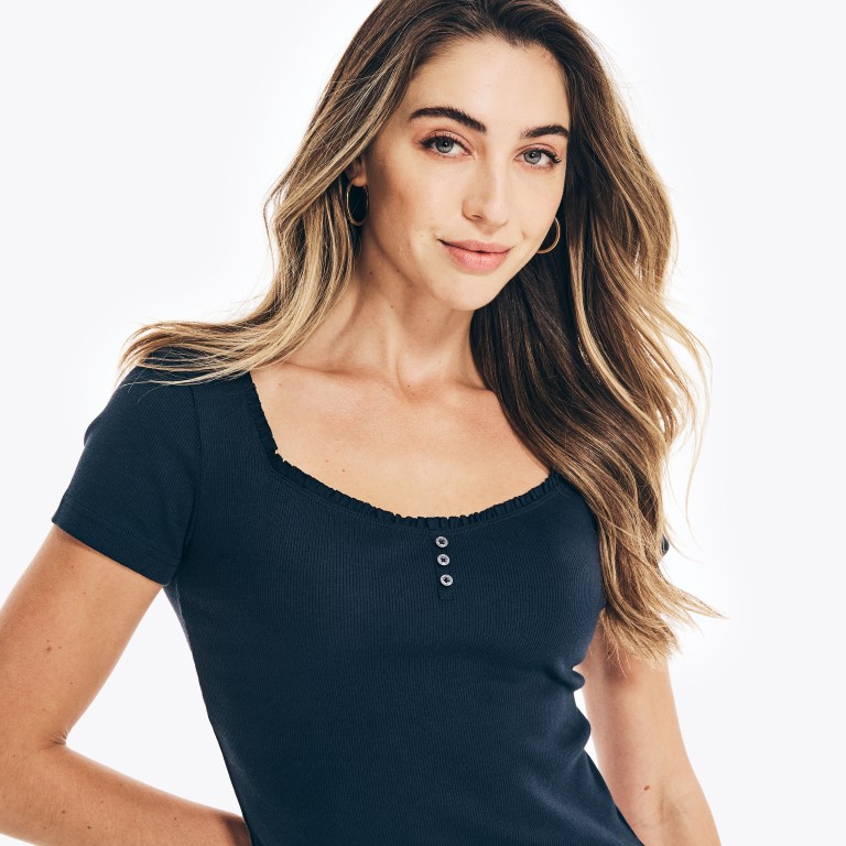 Blue Women's Nautica Square-neck -sleeve Henley Tops | sA5KtE0m