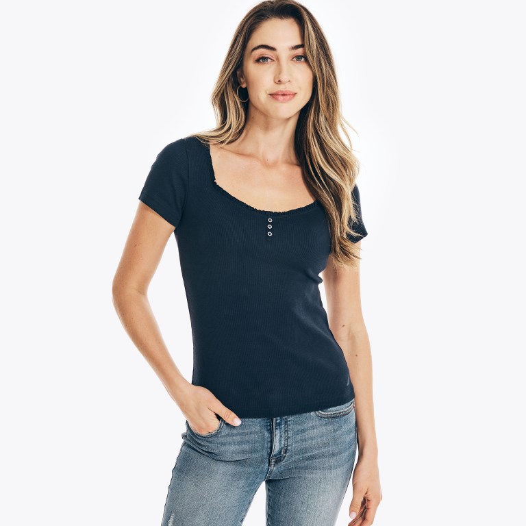 Blue Women\'s Nautica Square-neck -sleeve Henley Tops | sA5KtE0m