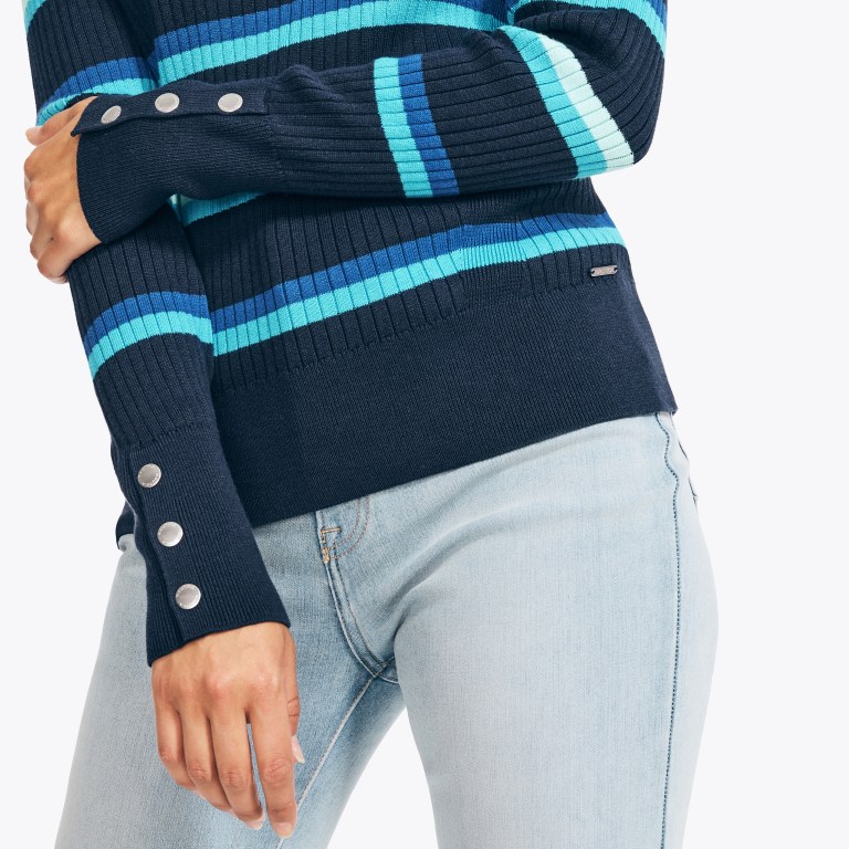 Blue Women's Nautica Sustainably Crafted Striped Rib-knit Crewneck Sweaters | hPrPGL3L
