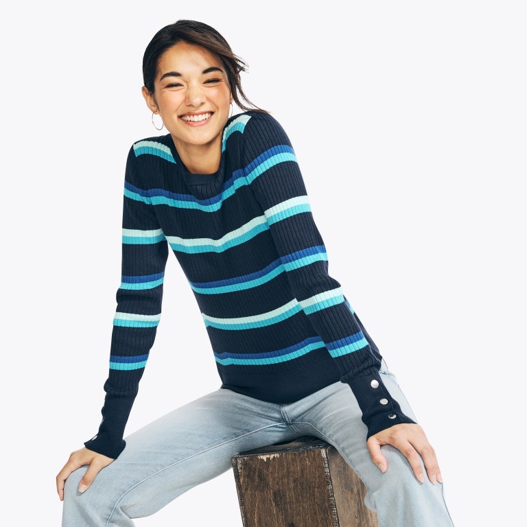 Blue Women's Nautica Sustainably Crafted Striped Rib-knit Crewneck Sweaters | hPrPGL3L