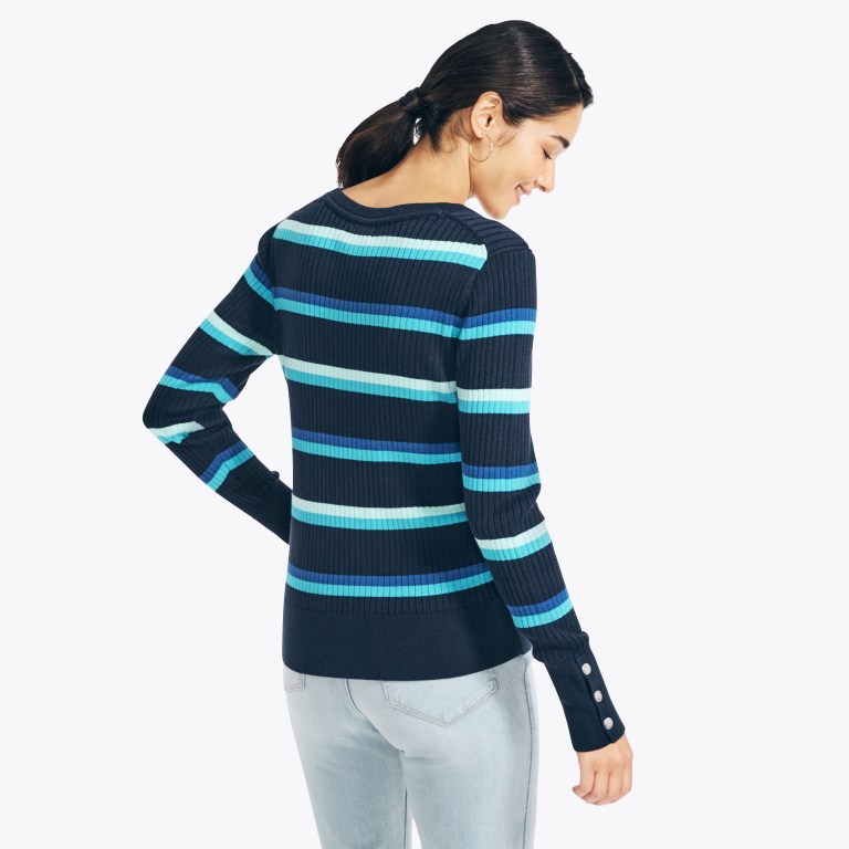 Blue Women's Nautica Sustainably Crafted Striped Rib-knit Crewneck Sweaters | hPrPGL3L