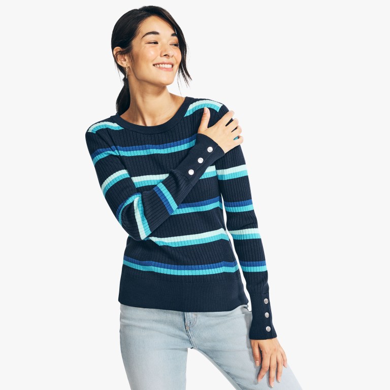 Blue Women\'s Nautica Sustainably Crafted Striped Rib-knit Crewneck Sweaters | hPrPGL3L