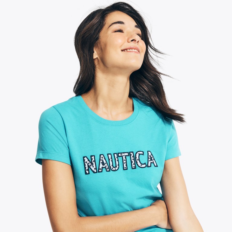 Blue Women's Nautica Sustainably Crafted Embroidered Logo Graphic T Shirts | moKN2EcX