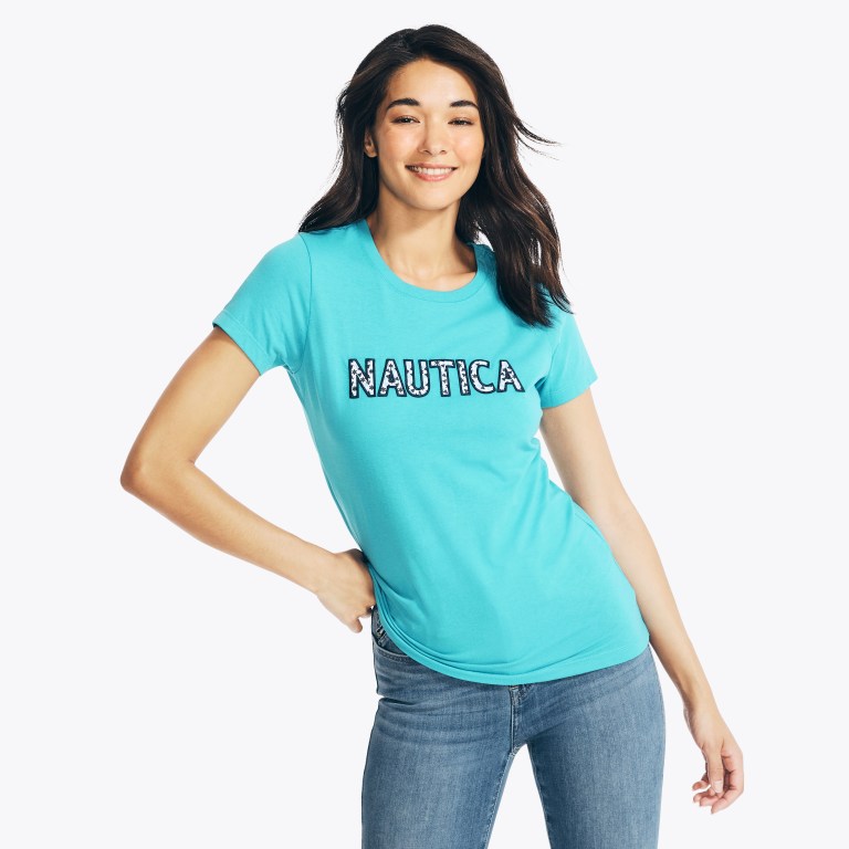 Blue Women\'s Nautica Sustainably Crafted Embroidered Logo Graphic T Shirts | moKN2EcX