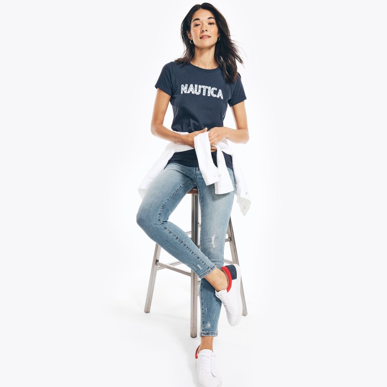 Blue Women's Nautica Sustainably Crafted Embroidered Logo Graphic T Shirts | plnYfat8