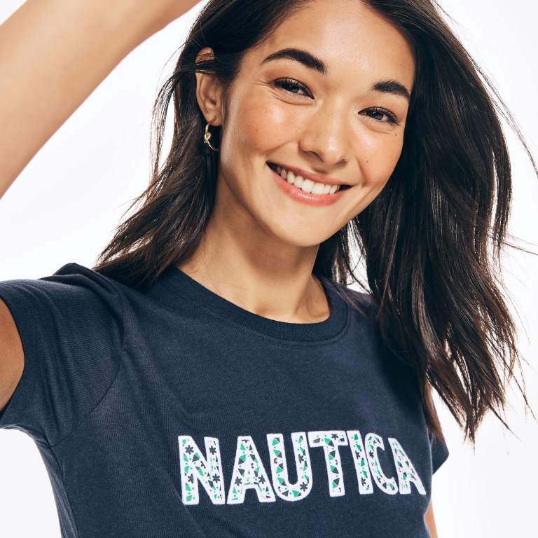Blue Women's Nautica Sustainably Crafted Embroidered Logo Graphic T Shirts | plnYfat8