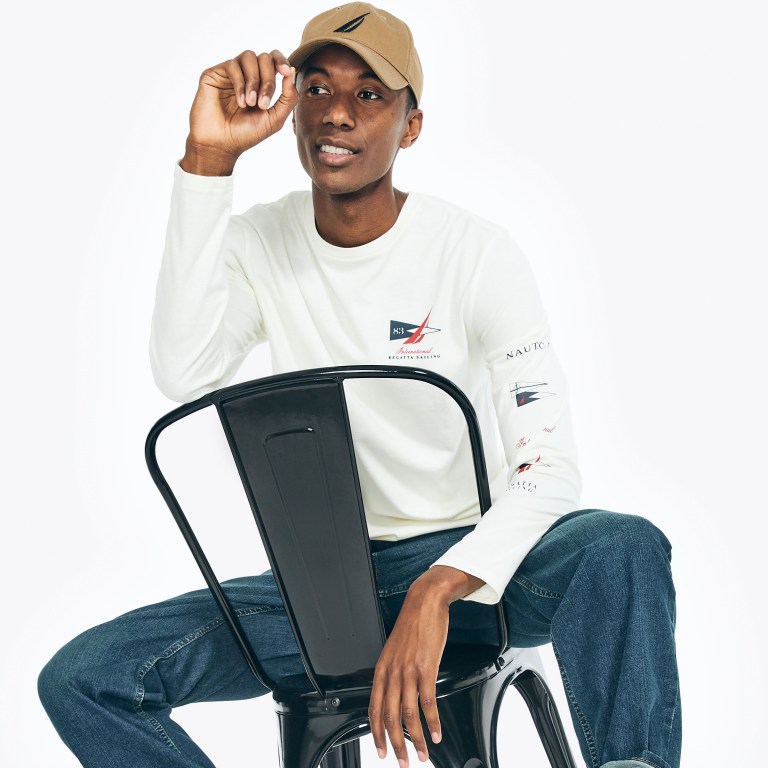 Cream Men's Nautica Sustainably Crafted Long-sleeve Graphic T Shirts | xFLOJ1pN