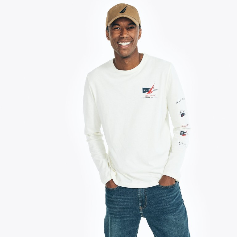 Cream Men\'s Nautica Sustainably Crafted Long-sleeve Graphic T Shirts | xFLOJ1pN