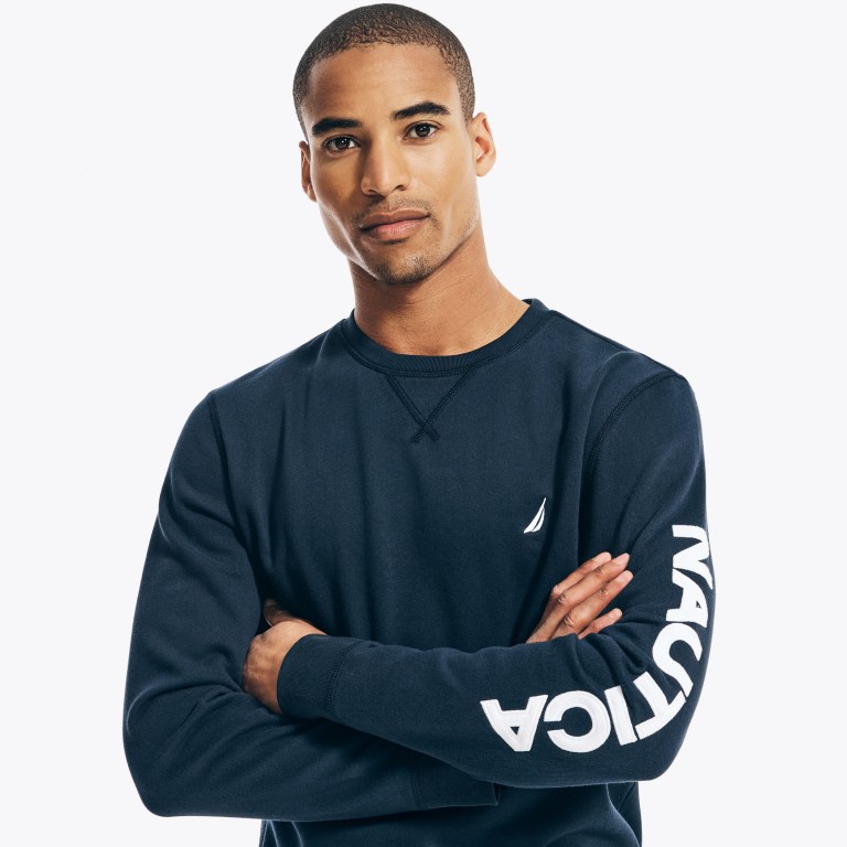 Navy Men's Nautica Logo Crewneck Sweatshirts | sIaQqwaD