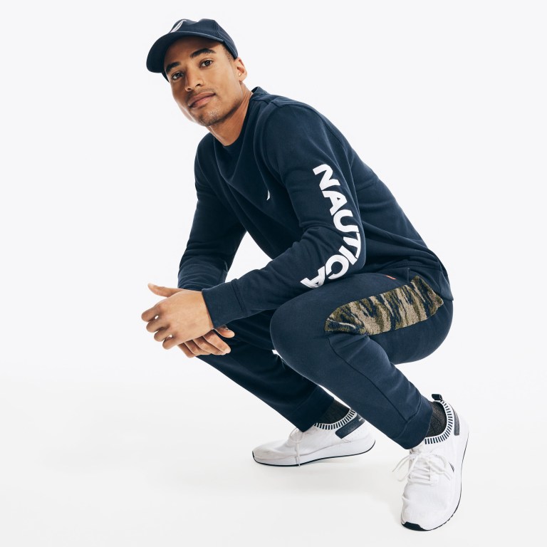 Navy Men's Nautica Logo Crewneck Sweatshirts | sIaQqwaD