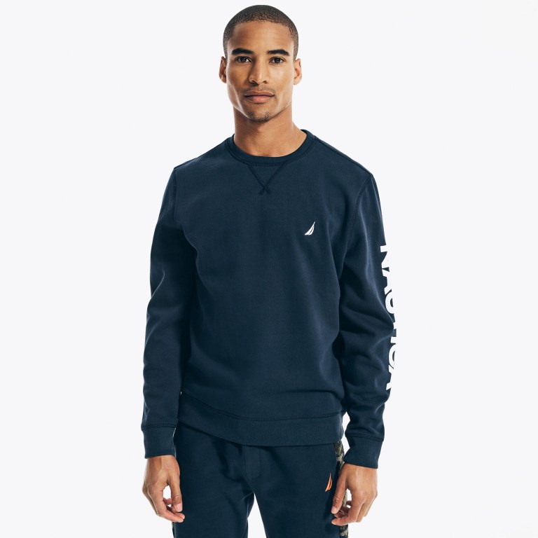 Navy Men\'s Nautica Logo Crewneck Sweatshirts | sIaQqwaD