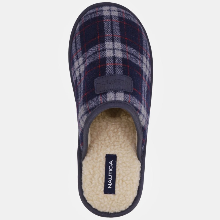 Navy Men's Nautica Plaid Micro Suede Slippers | 51Pgucct