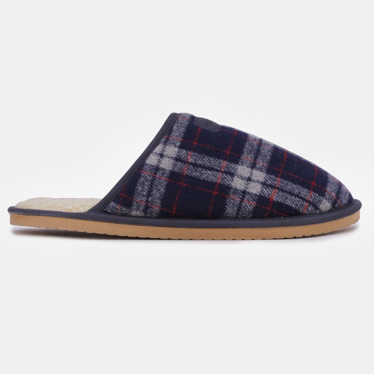 Navy Men's Nautica Plaid Micro Suede Slippers | 51Pgucct