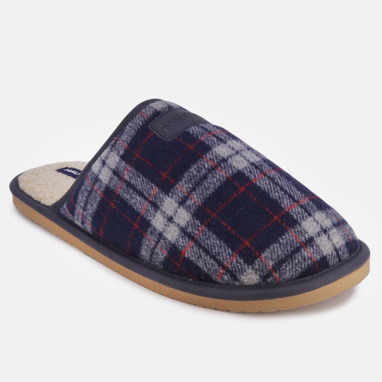 Navy Men\'s Nautica Plaid Micro Suede Slippers | 51Pgucct