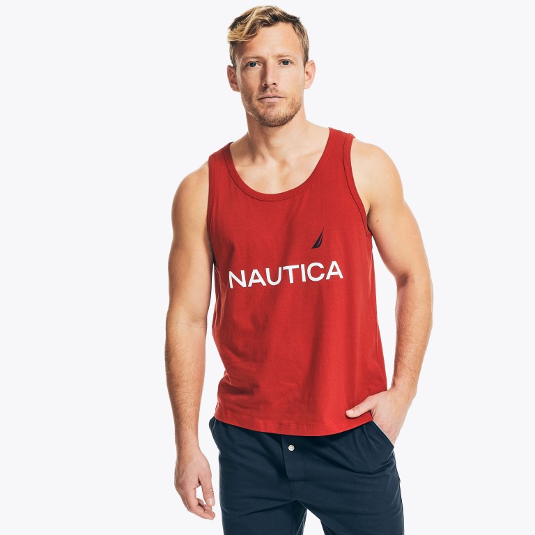 Red Men\'s Nautica Logo Graphic Sleep Tank T Shirts | fkH2xdVS