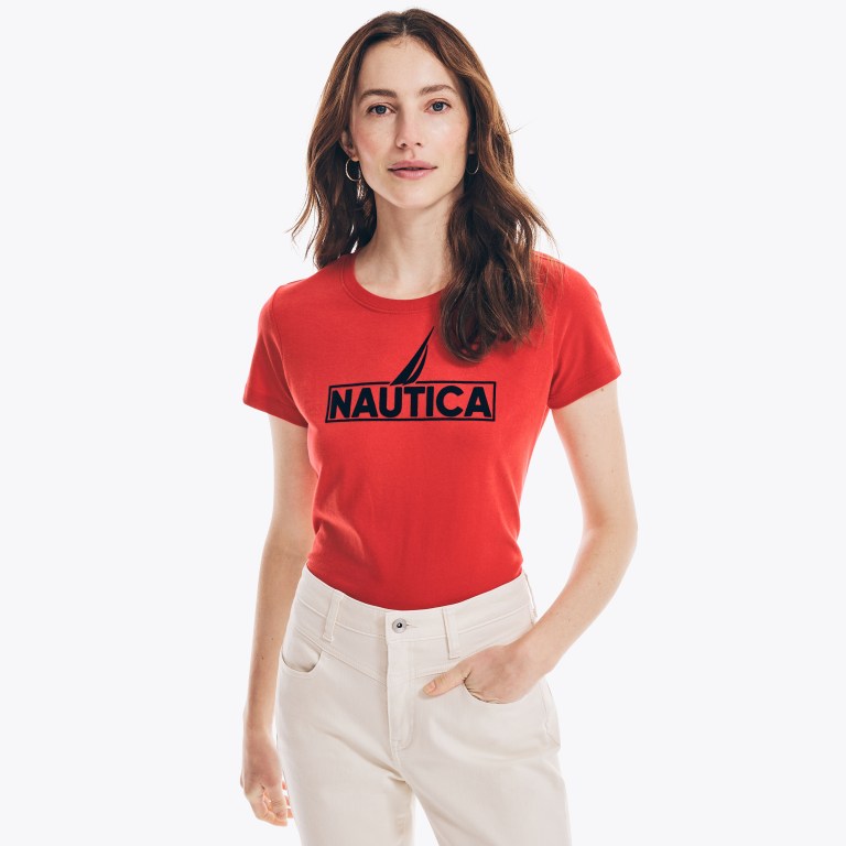 Red Women\'s Nautica Logo Graphic T Shirts | m5FmFa5s