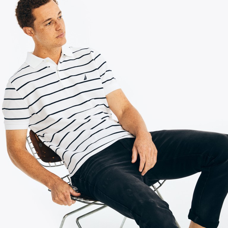 White Men's Nautica Classic Fit Striped Polo Shirts | 6kauaqMk