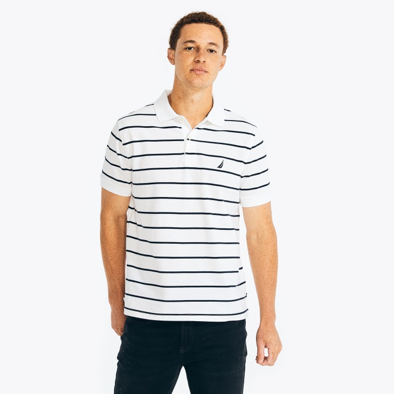 White Men\'s Nautica Classic Fit Striped Polo Shirts | 6kauaqMk